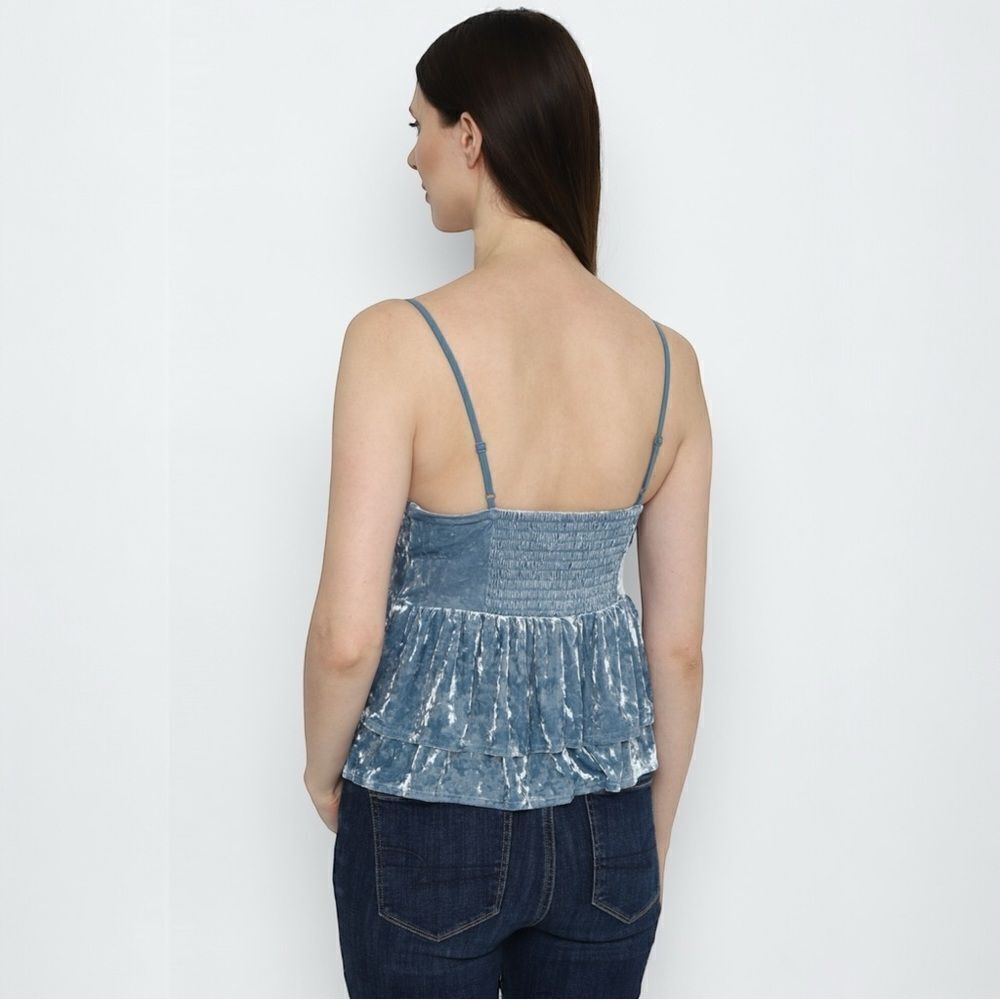 American Eagle Shirt Velvet Tiered Babydoll Top Blue Size Small NWT - Picture 9 of 11